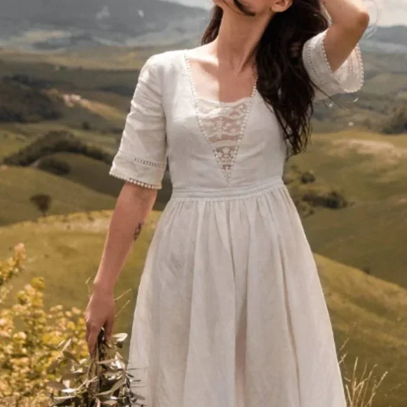 NWT BEDRA Vintage Under the Tuscan Sky Edwardian Midi Dress, XS, Linen, Wedding - Picture 4 of 16